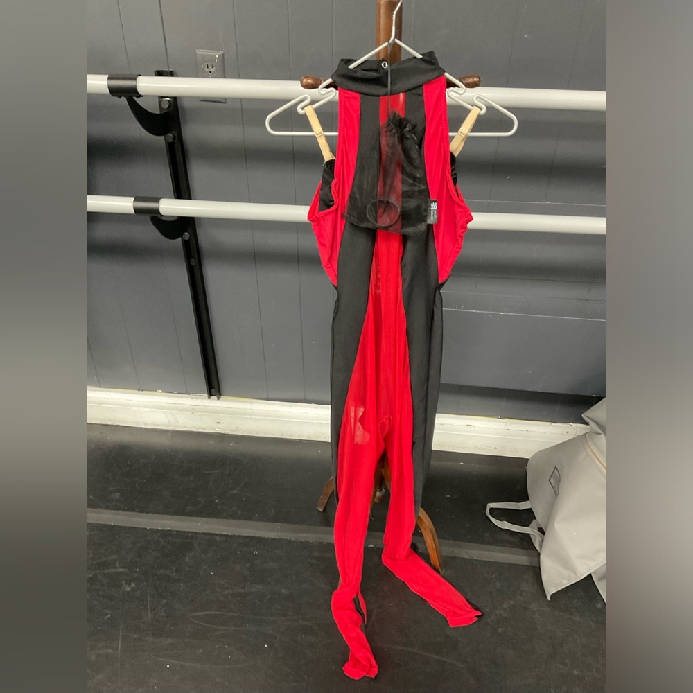 Tenth House Dance costume- Solaris-Black/red  Mesh/Sheer unitard w/ lace up back